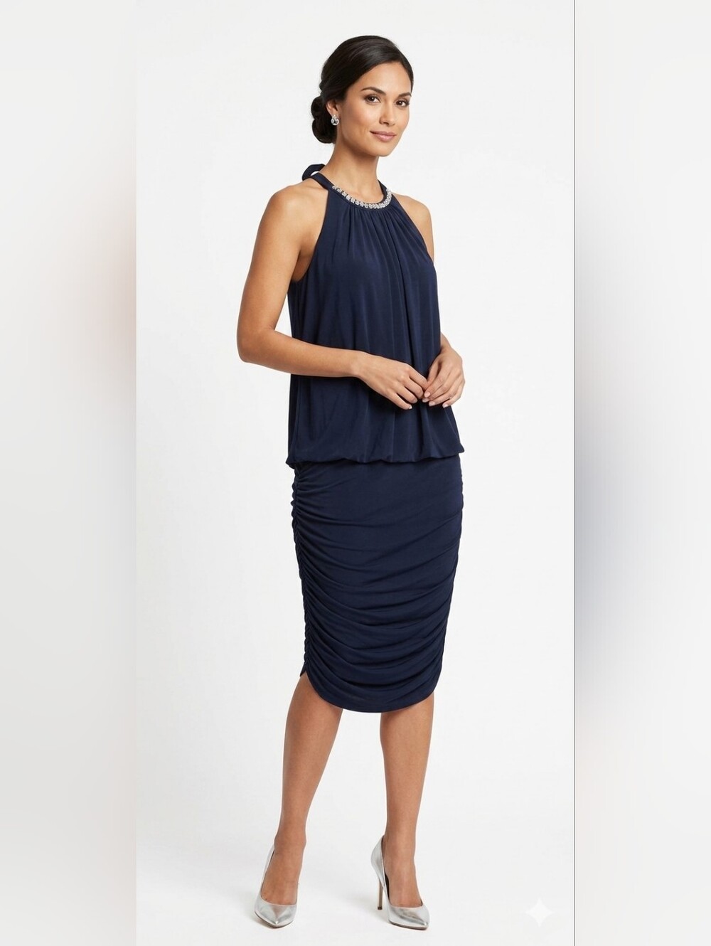 Cache Navy Halter Ruched Midi Dress with Embellished Neckline NWT 12